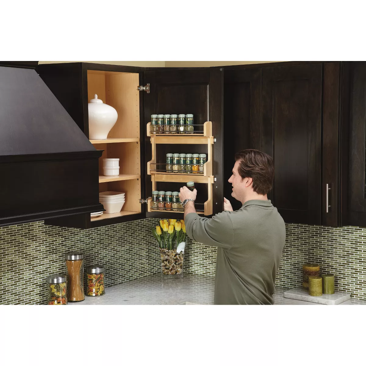 Rev-A-Shelf 4SR-21 21-Inch Kitchen Cabinet Door Mounted Wooden 3-Shelf Storage Spice Rack with Mounting Hardware, Natural Maple