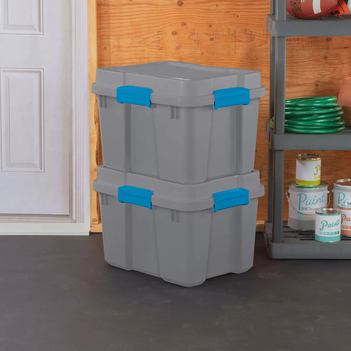 Sterilite 20 Gallon Heavy Duty Plastic Gasket Tote Stackable Storage Organization Container Box with Lid and Latches, Titanium Gray/Blue (4 Pack)