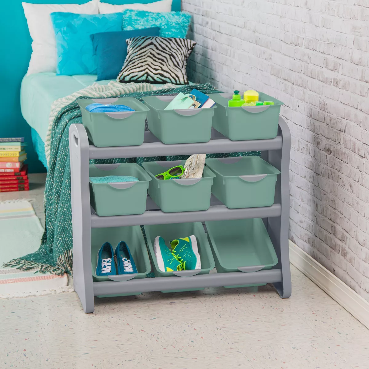 Sterilite 9 Bin Storage Rack with Handles Gray/Green