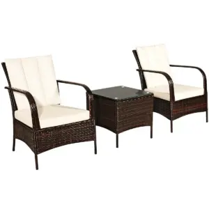 Costway 3 PCS Patio Rattan Furniture Set Coffee Table & 2 Rattan Chair W/White Cushions