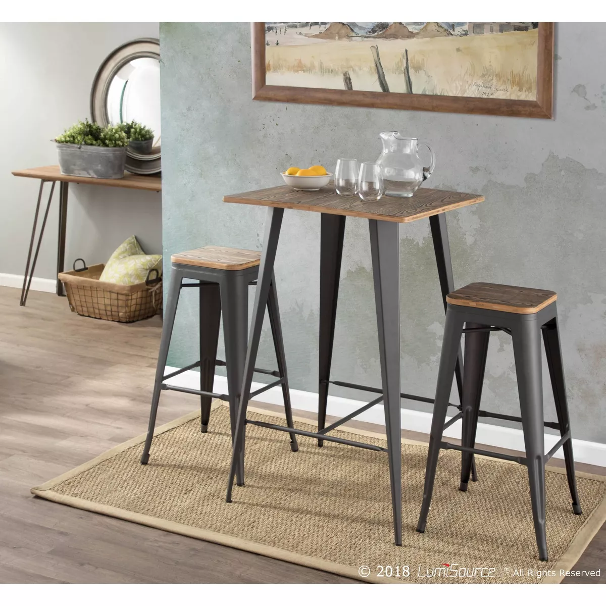 3pc Oregon Industrial Pub Set Matte Gray Metal Dining Sets Medium Brown Wood Top - LumiSource