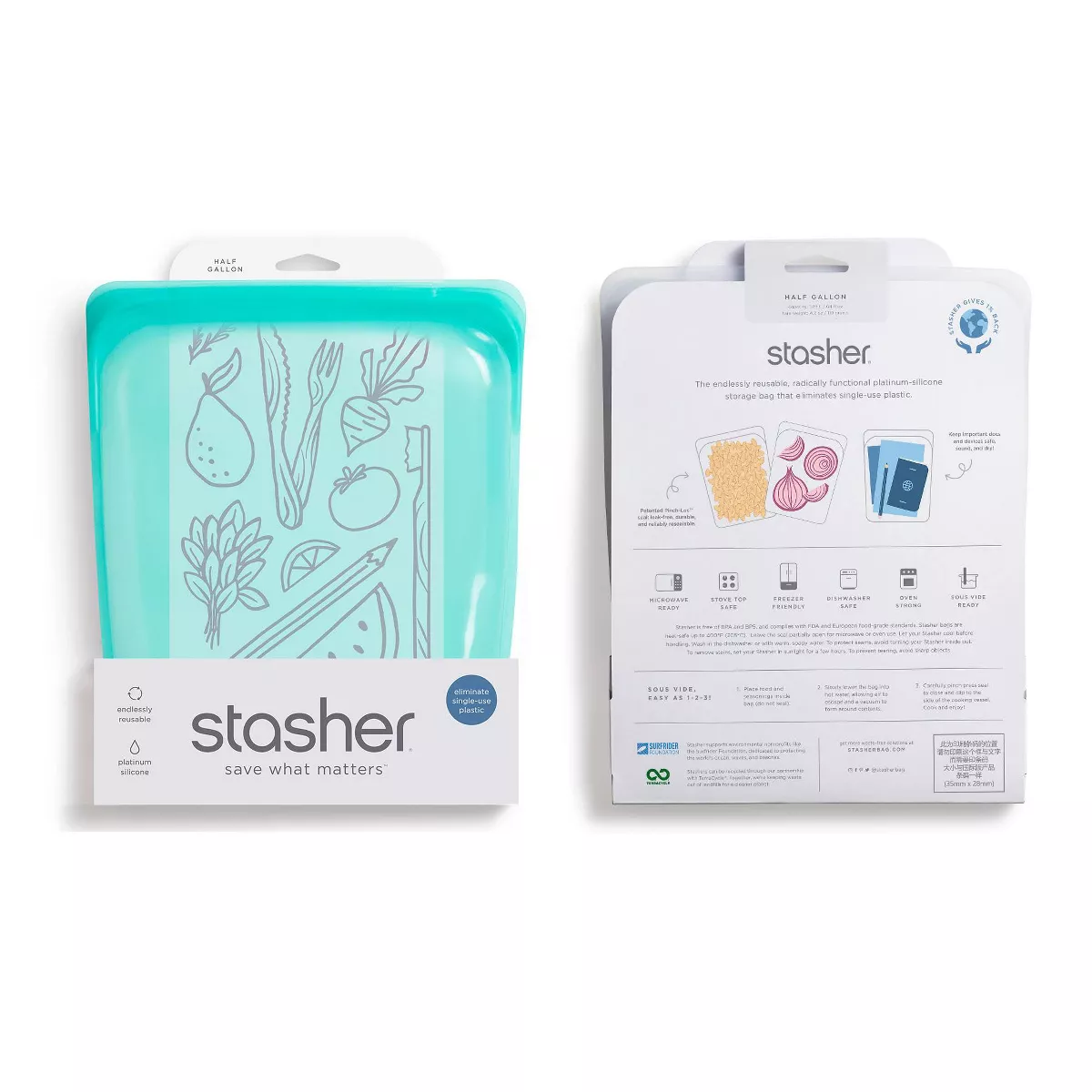 Stasher Reusable Food Storage Half Gallon Bag (Colors May Vary)