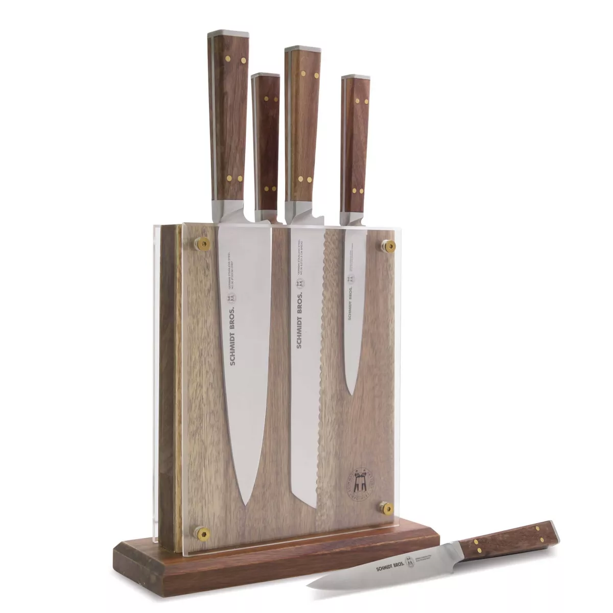 Schmidt Brothers Cutlery 6pc Walnut and Brass Knife Block Set