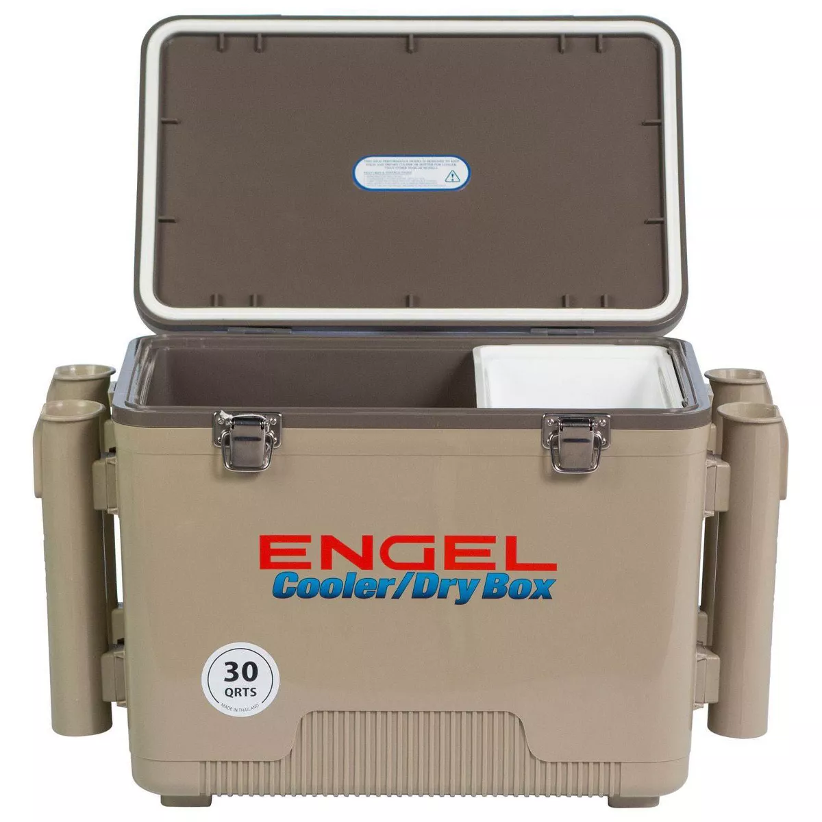 Engel 30-Quart 48 Can Portable Leak-Proof Compact Lightweight Insulated Airtight Hard Drybox Cooler with 4 Rod Holders for Fishing, and Camping, Tan