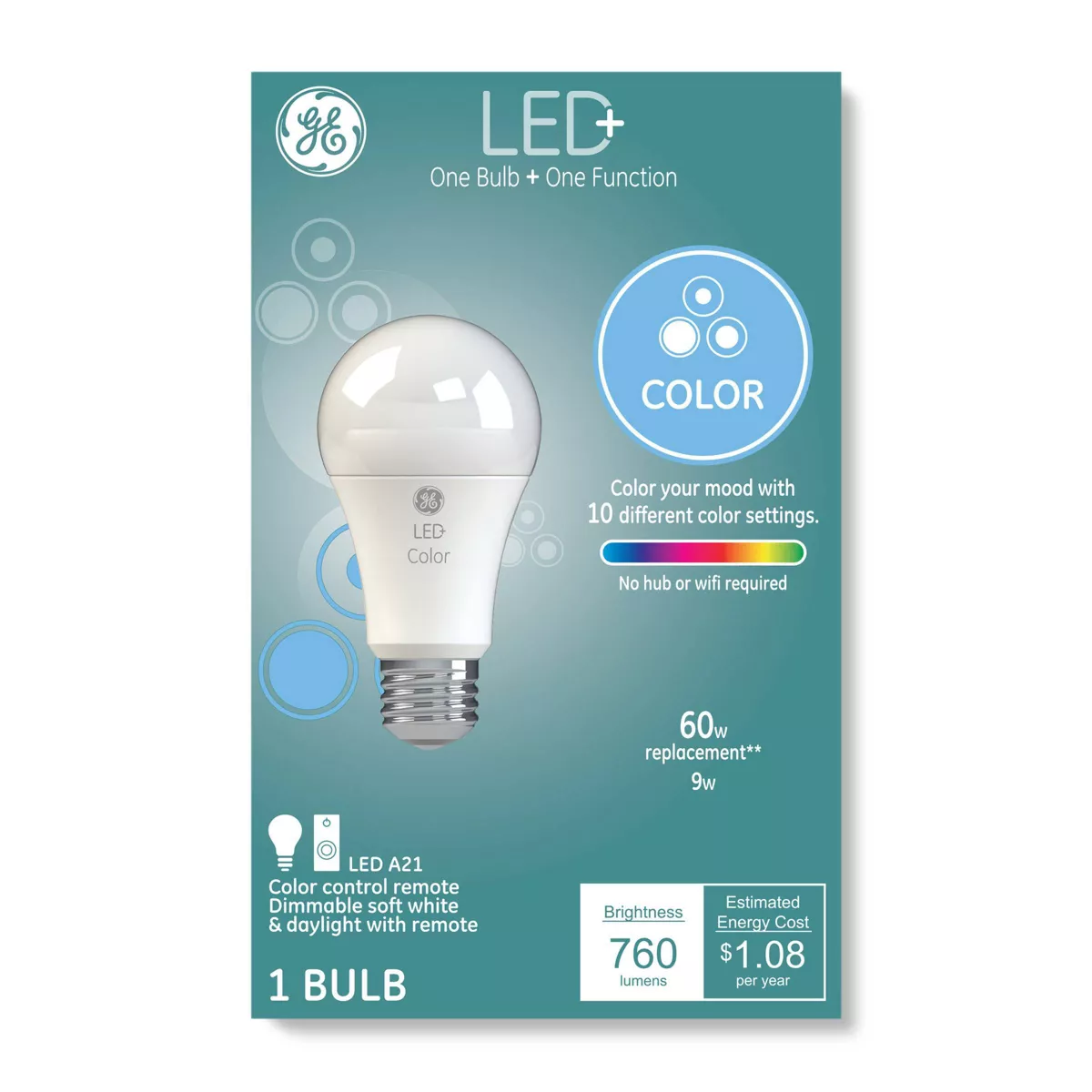 General Electric 60W A19 With Remote Color Changing LED Light Bulb Clear