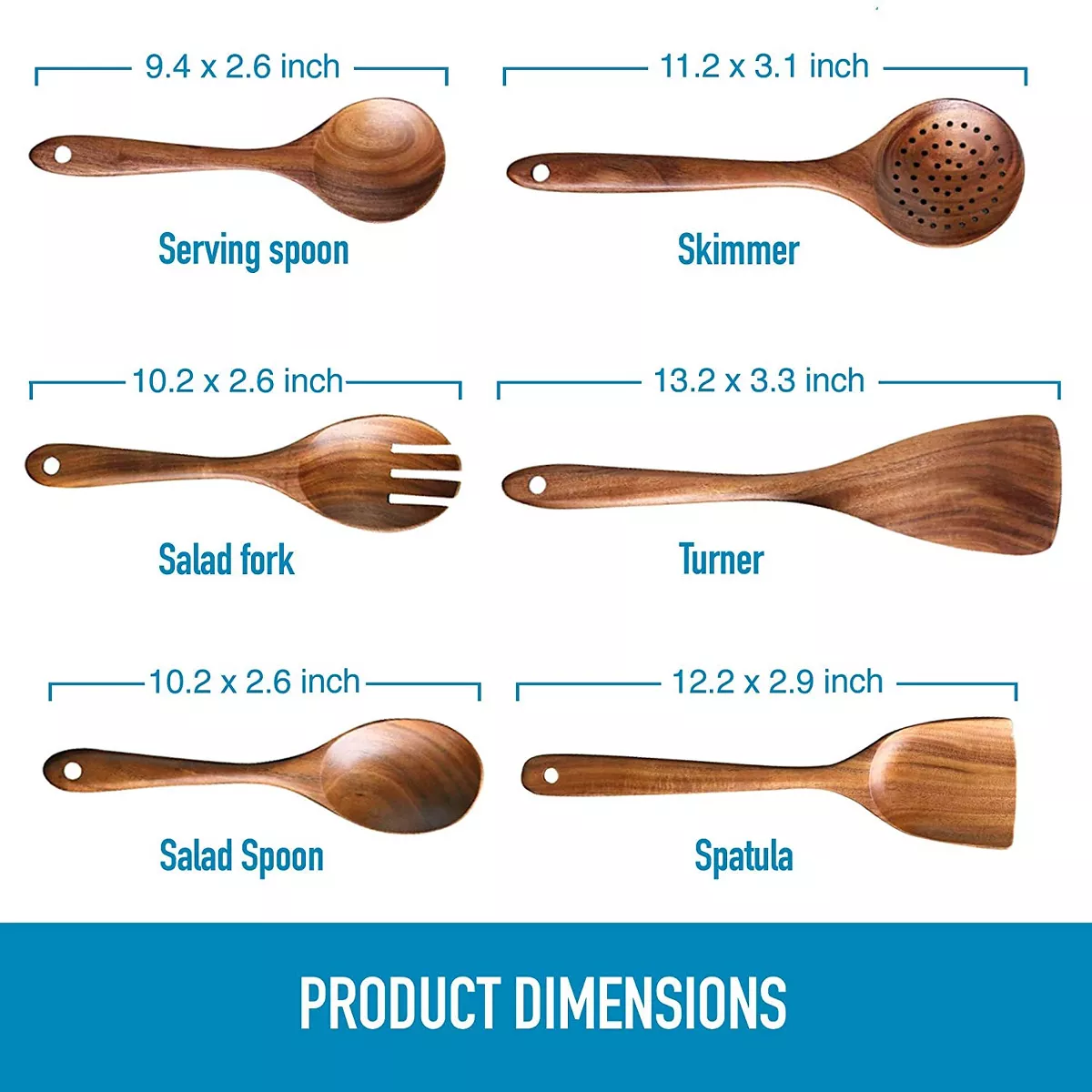 Zulay Kitchen (6 Pc Set) Teak Wooden Cooking Spoon Sets in Smooth Finish