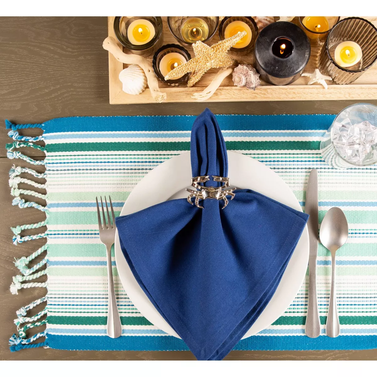 Set of 6 Tidal Stripe Fringed Placemat Blue - Design Imports
