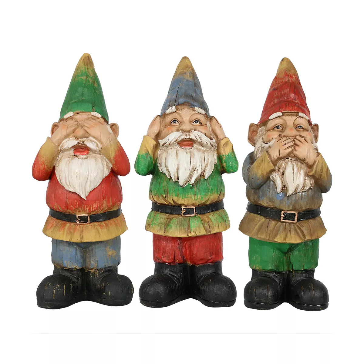 Sunnydaze Three Wise Garden Gnomes Hear, Speak, See No Evil Indoor/Outdoor Lawn Statue Set - 12" H - 3-Piece Set