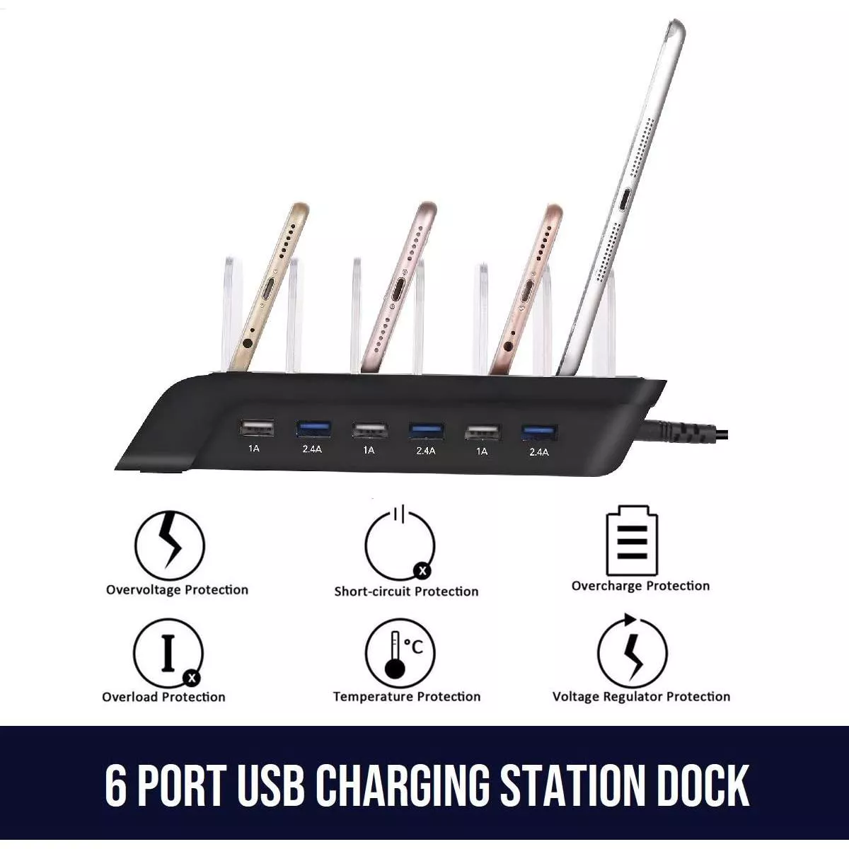 Wasserstein 6 Port USB Charging Station Dock for iPhone, iPad, Android Phones and Tablets with Lightning, Micro USB and USB Type-C Cables