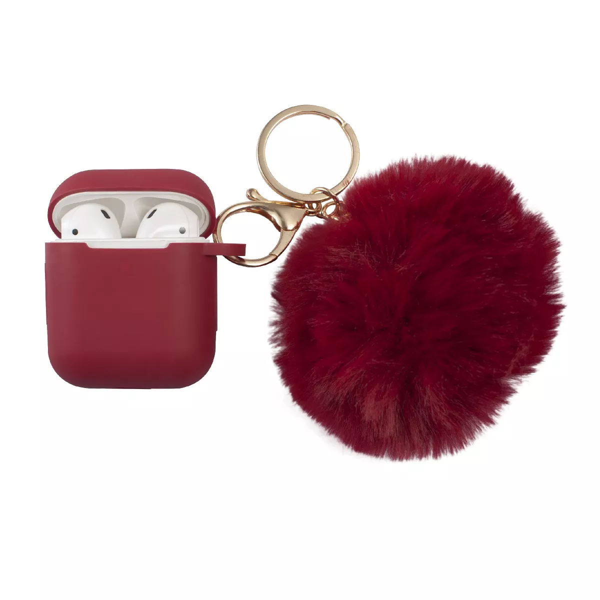 Insten Fluffy Pom Pom Case For Airpods 1 / 2, Silicone Case with Keychain & Anti-Lost Strap, Soft Touch Skin, Protective Cover, Wine Red