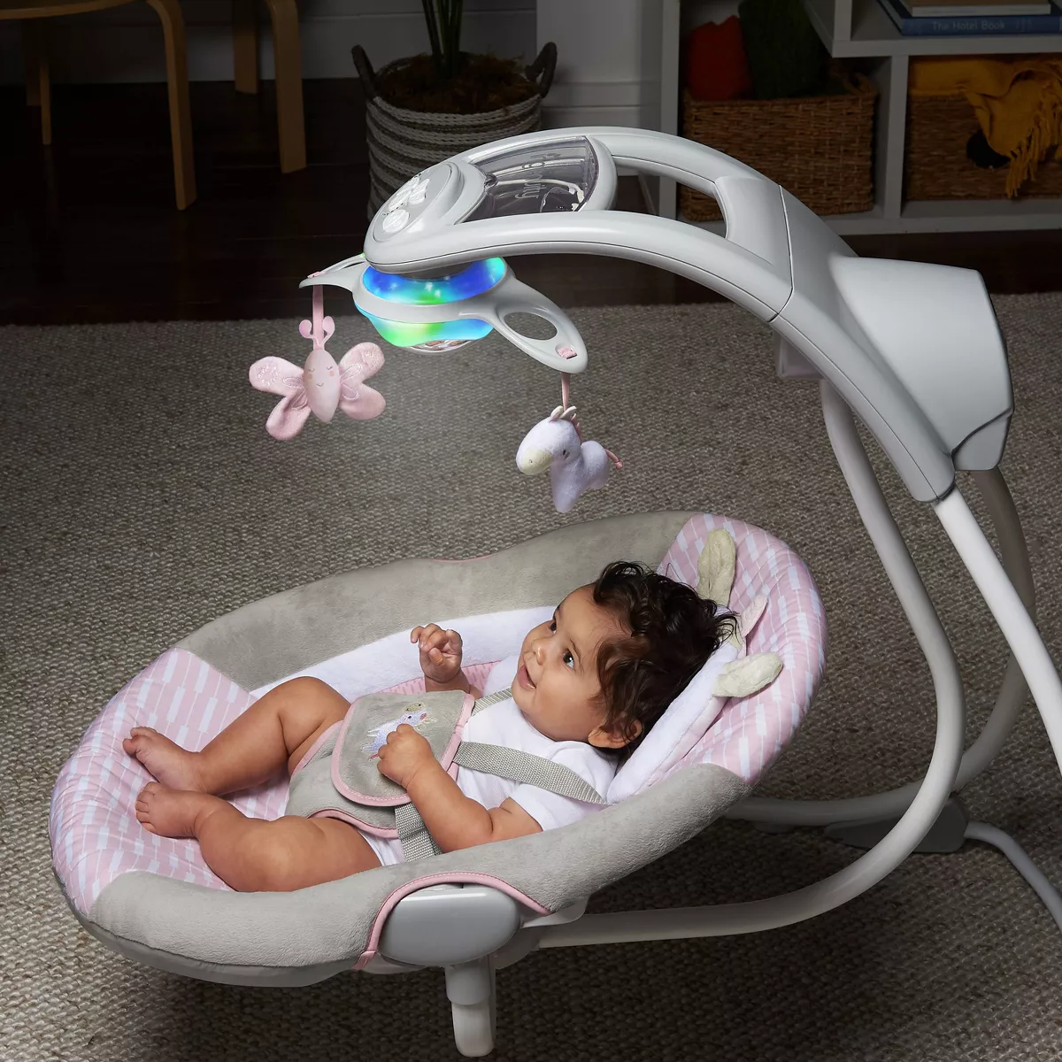 Ingenuity Inlighten Cradling Swing - Flora the Unicorn - Foldable Plug-in Swing