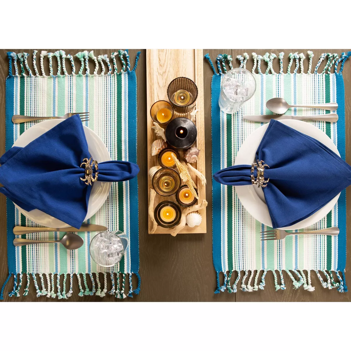 Set of 6 Tidal Stripe Fringed Placemat Blue - Design Imports