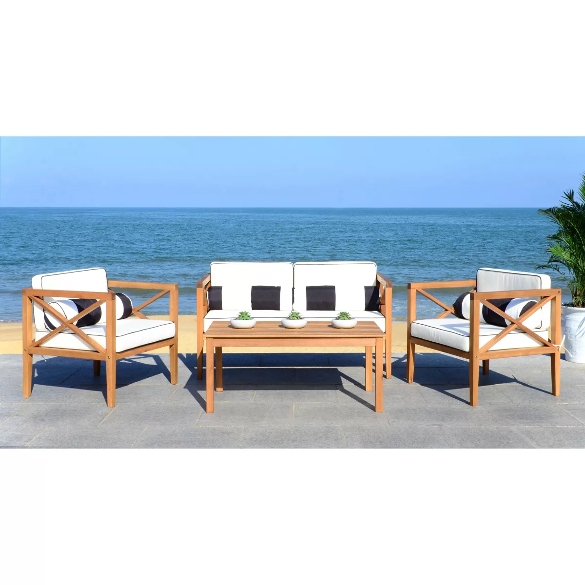 Nunzio 4pc Outdoor Set With Accent Pillows - Natural/Black/White - Safavieh