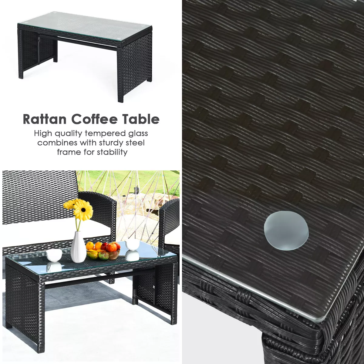 Costway 4PCS Patio Rattan Furniture Set Table &Sofa W/Cushion Garden Black