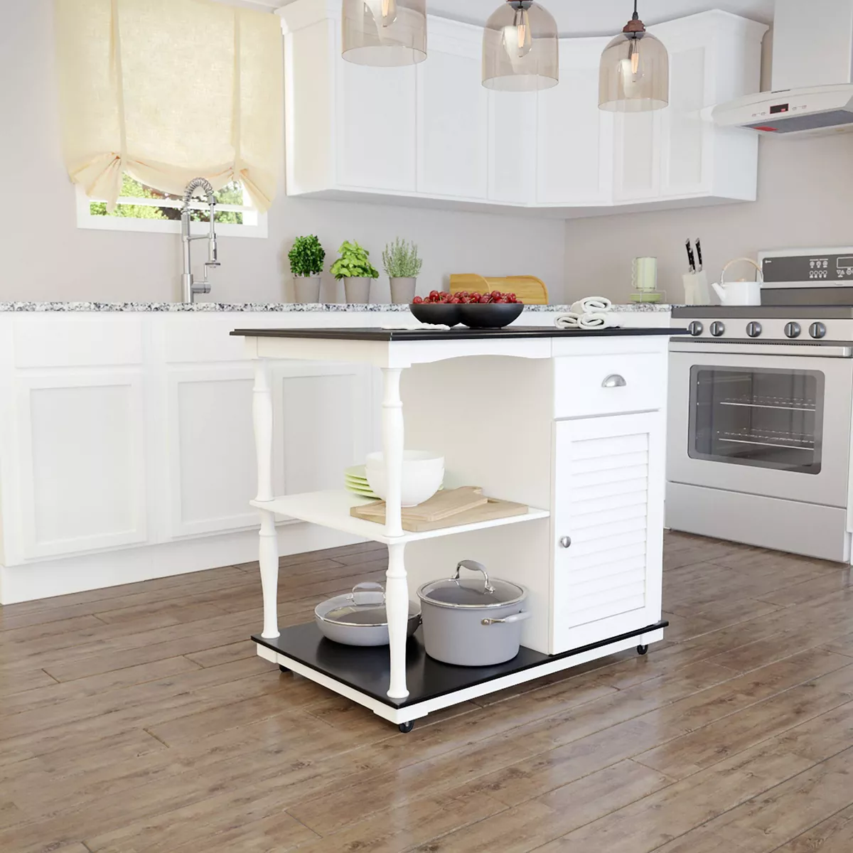 Denrard Rolling Kitchen Island with Storage White/Black - Aiden Lane