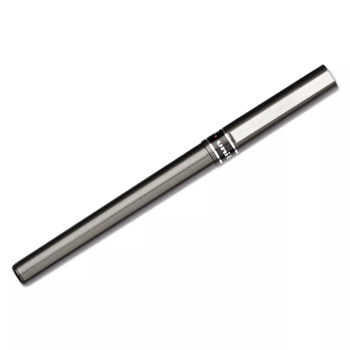 uni-ball Stick Roller Ball Pen Micro 0.5mm Red Ink Metallic Gray Barrel Stand 60026