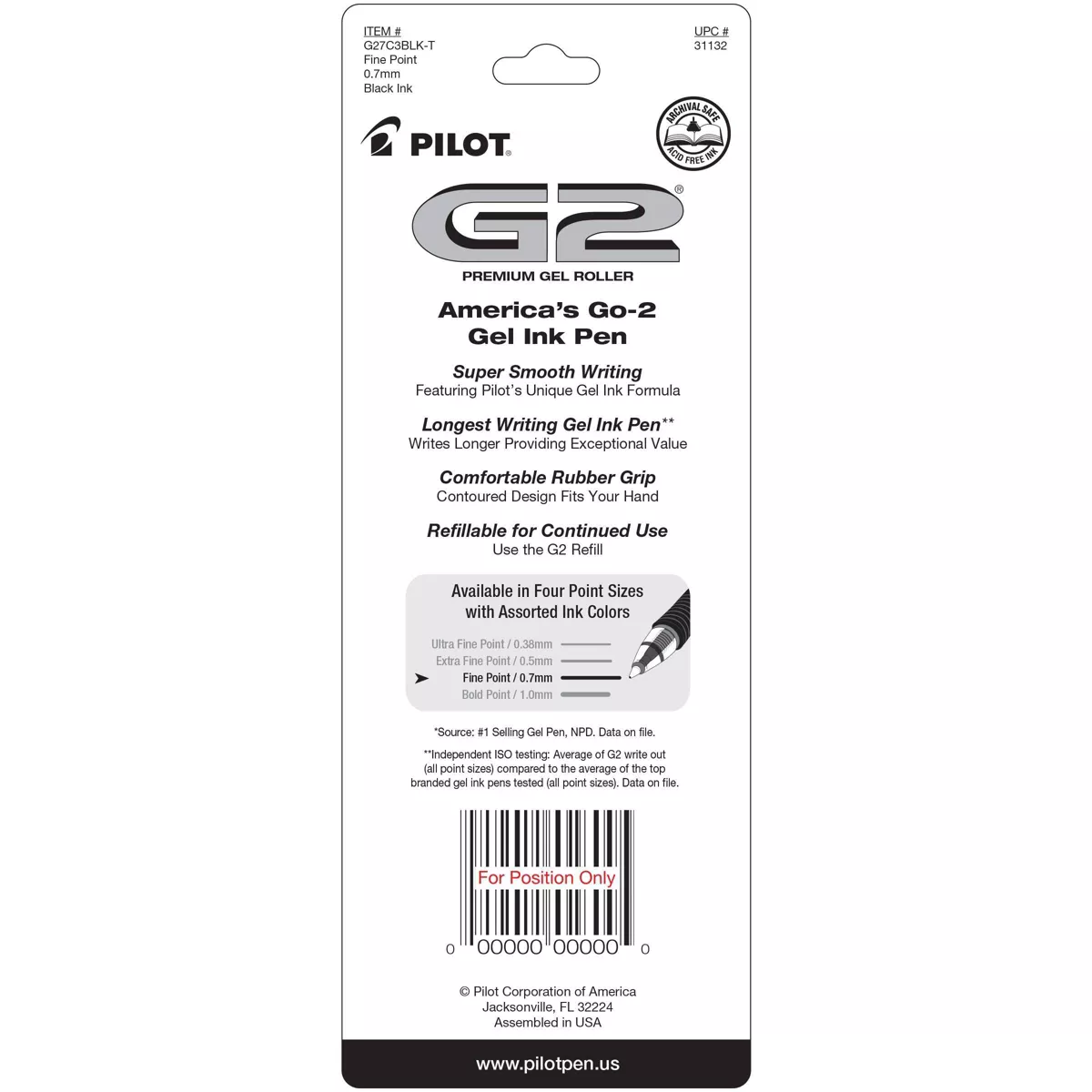 Pilot G2 Gel Pens, 0.7mm Black - 3ct