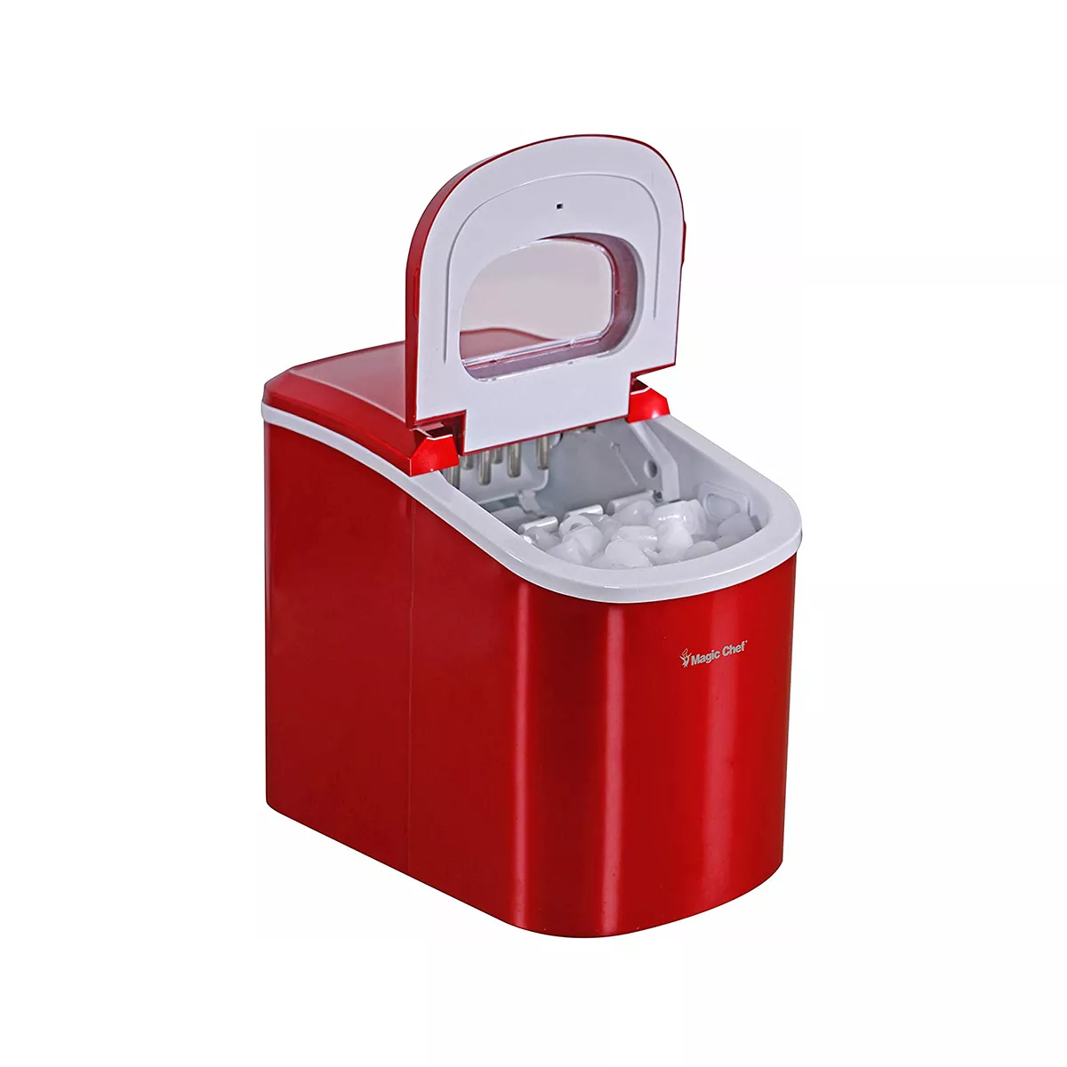 Magic Chef MCIM22R Portable Countertop Ice Cube Maker Machine with Scooper Making 27 Pounds per Day for Home Table Top Counters, Red (Stainless Steel)