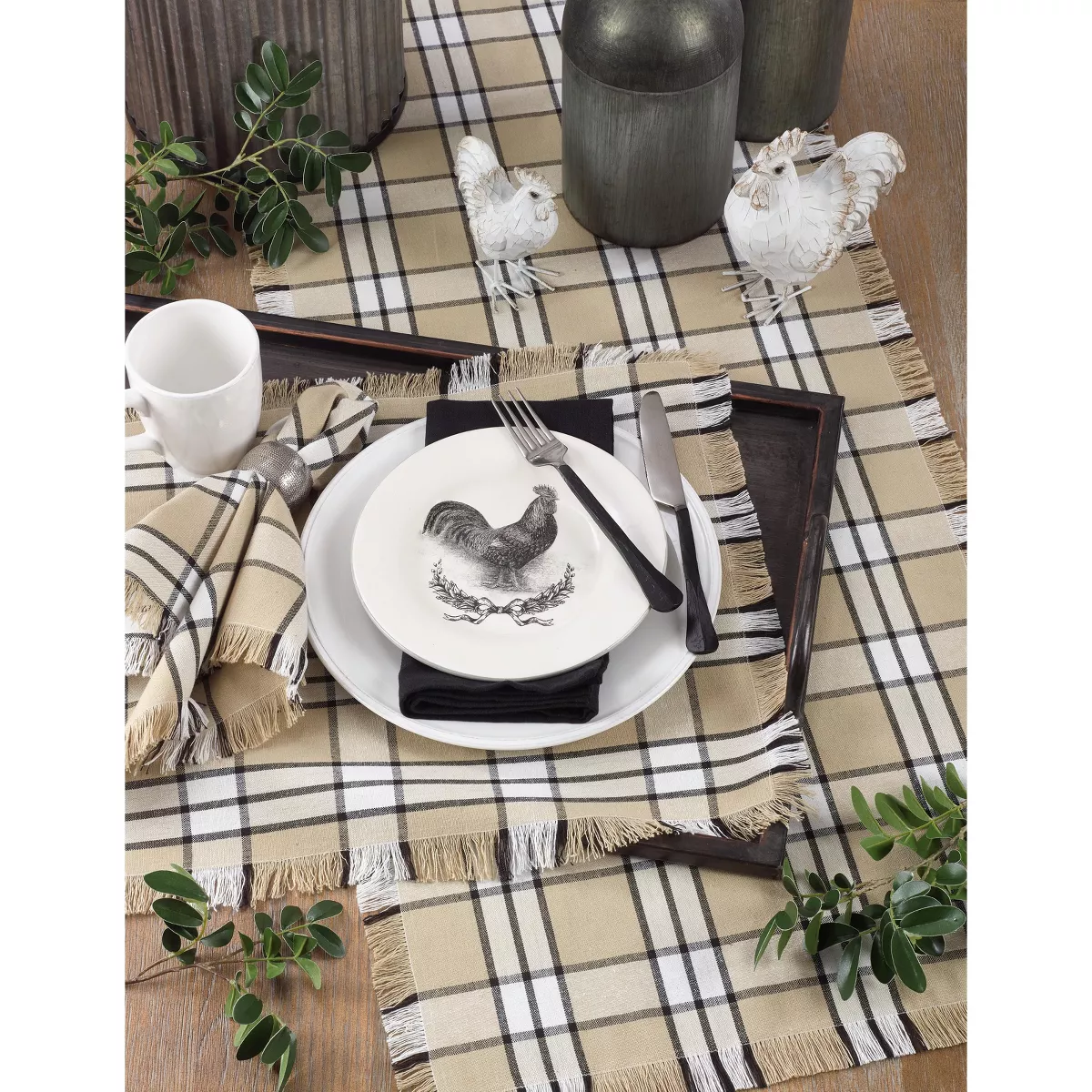 Saro Lifestyle Khaki Cotton Table Runner With Plaid Design