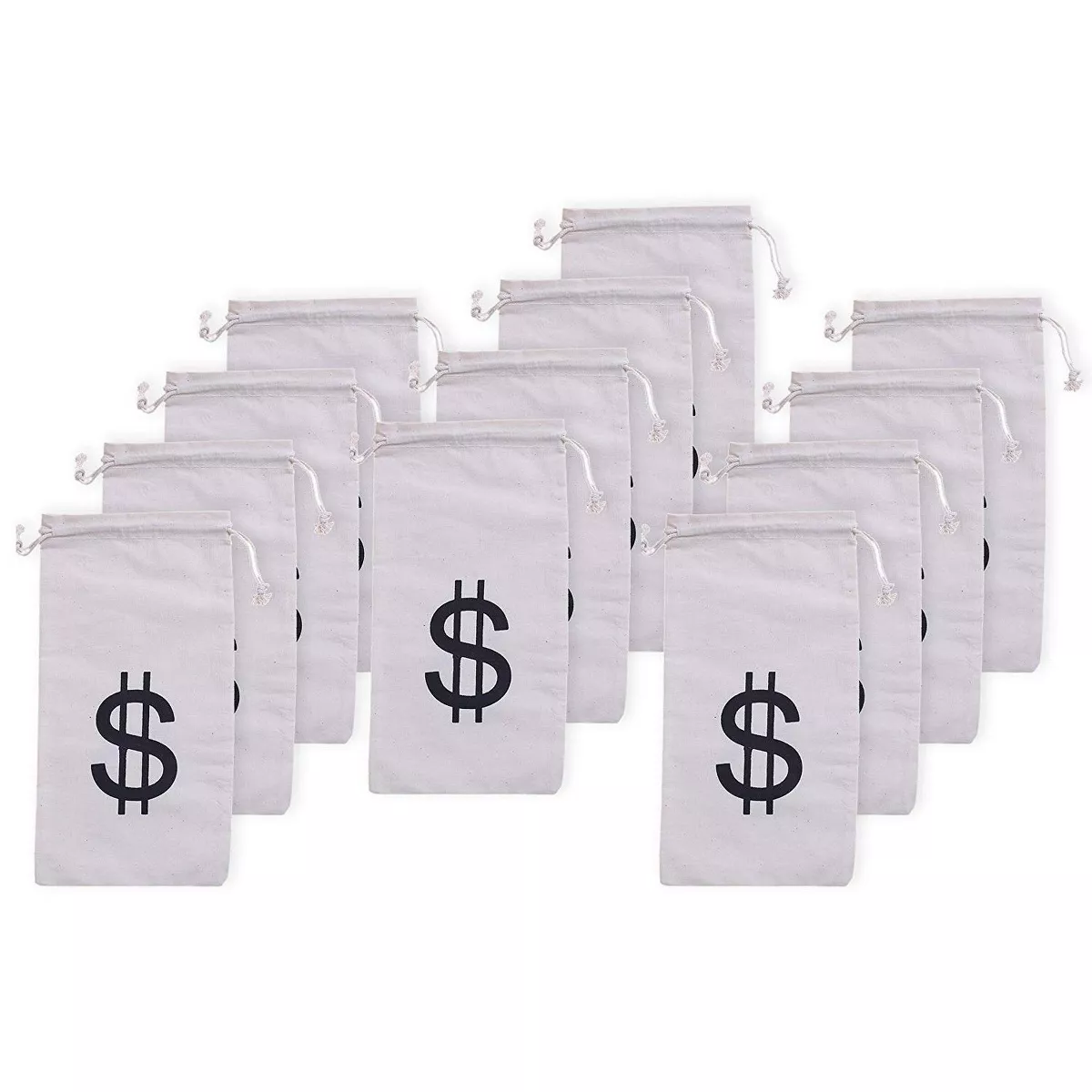 Juvale 12-Piece Money Bag Pouch with Drawstring Closure Canvas Cloth & Dollar Sign Symbol 4.7 x 9 in