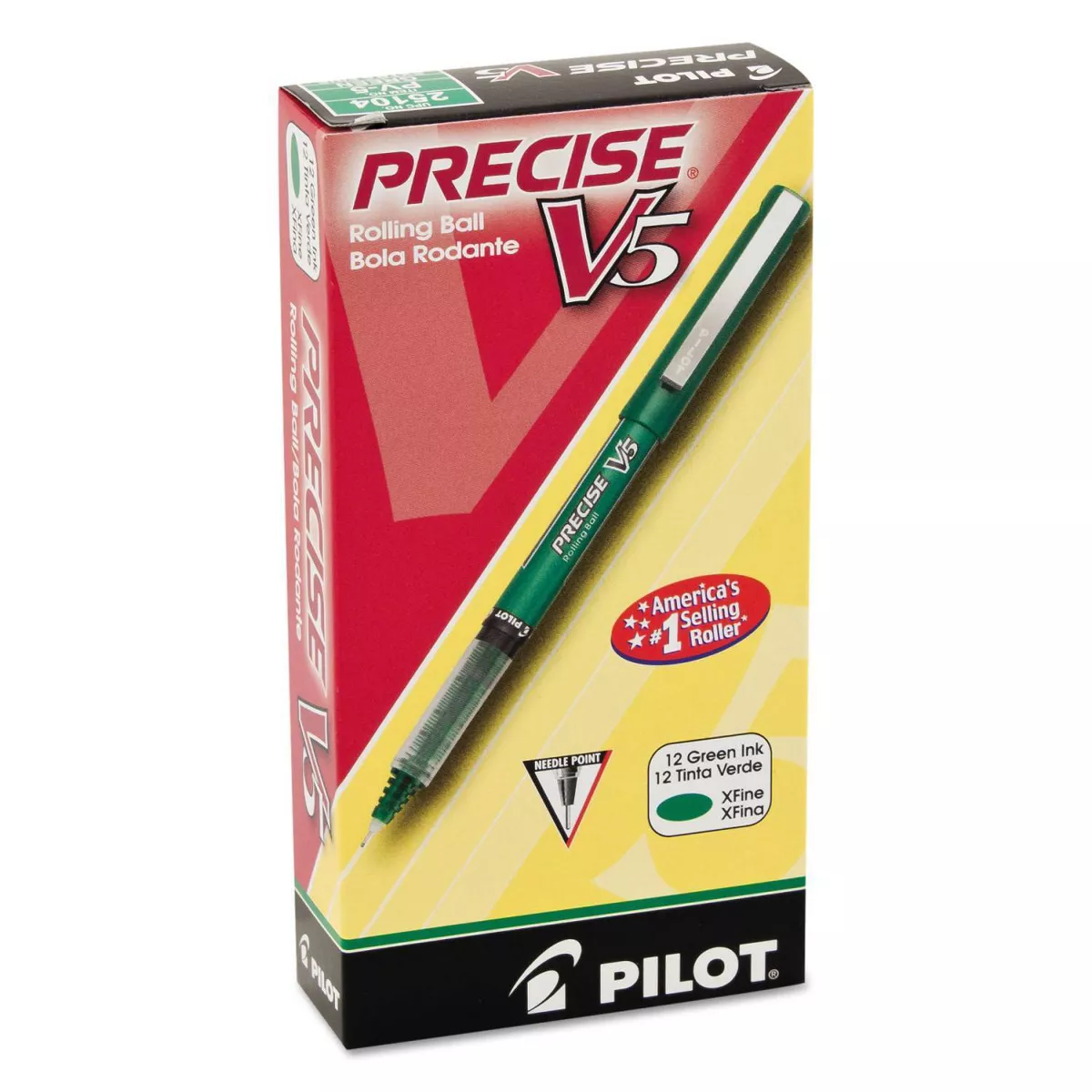 Pilot Precise V5 Roller Ball Stick Pen, Needle Point, 0.5mm Extra Fine - Green Ink (12 Per Set)