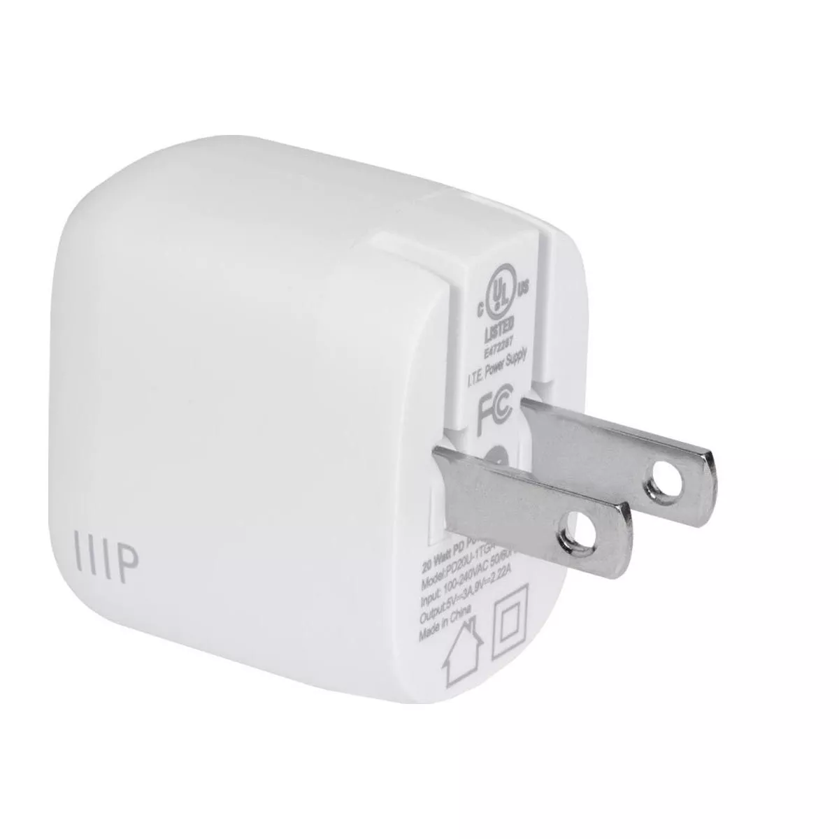Monoprice USB-C Charger, 20W 1-port PD GaN Technology Foldable Wall Charger White, Power Delivery for MacBook Pro/Air, iPad Pro, iPhone