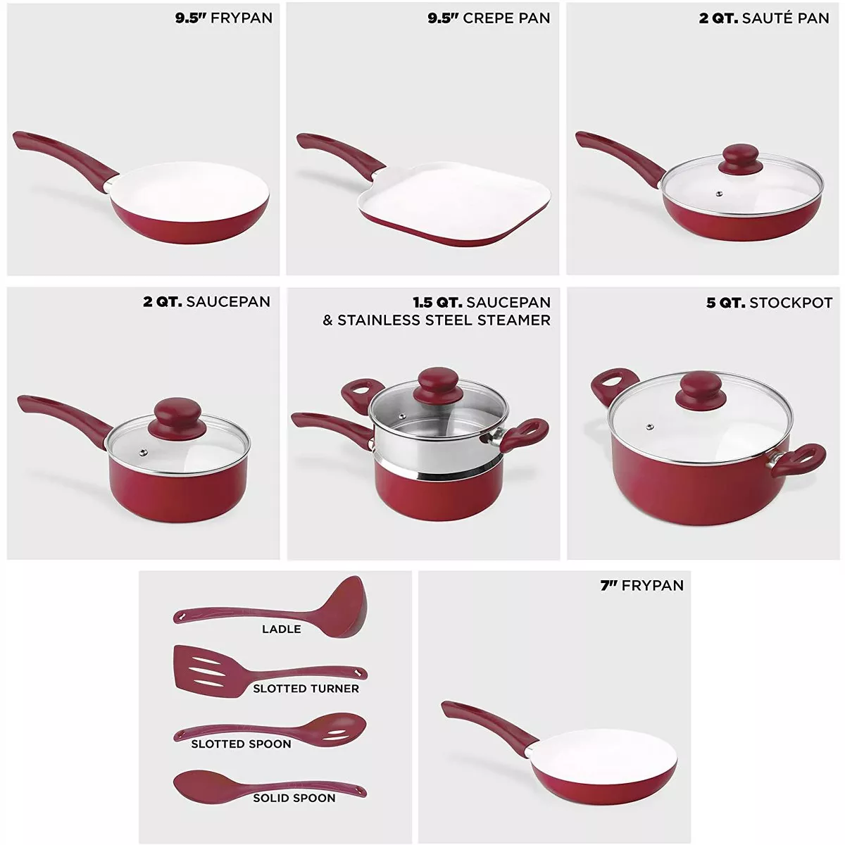 Ivation Ceramic Cookware | 16-Piece Nonstick Cookware Set with Induction Base, SoftGrip Handles & Clear Glass Lids | Compatible with Induction, Ceramic, Gas, Electric & Halogen Cooktops | Red