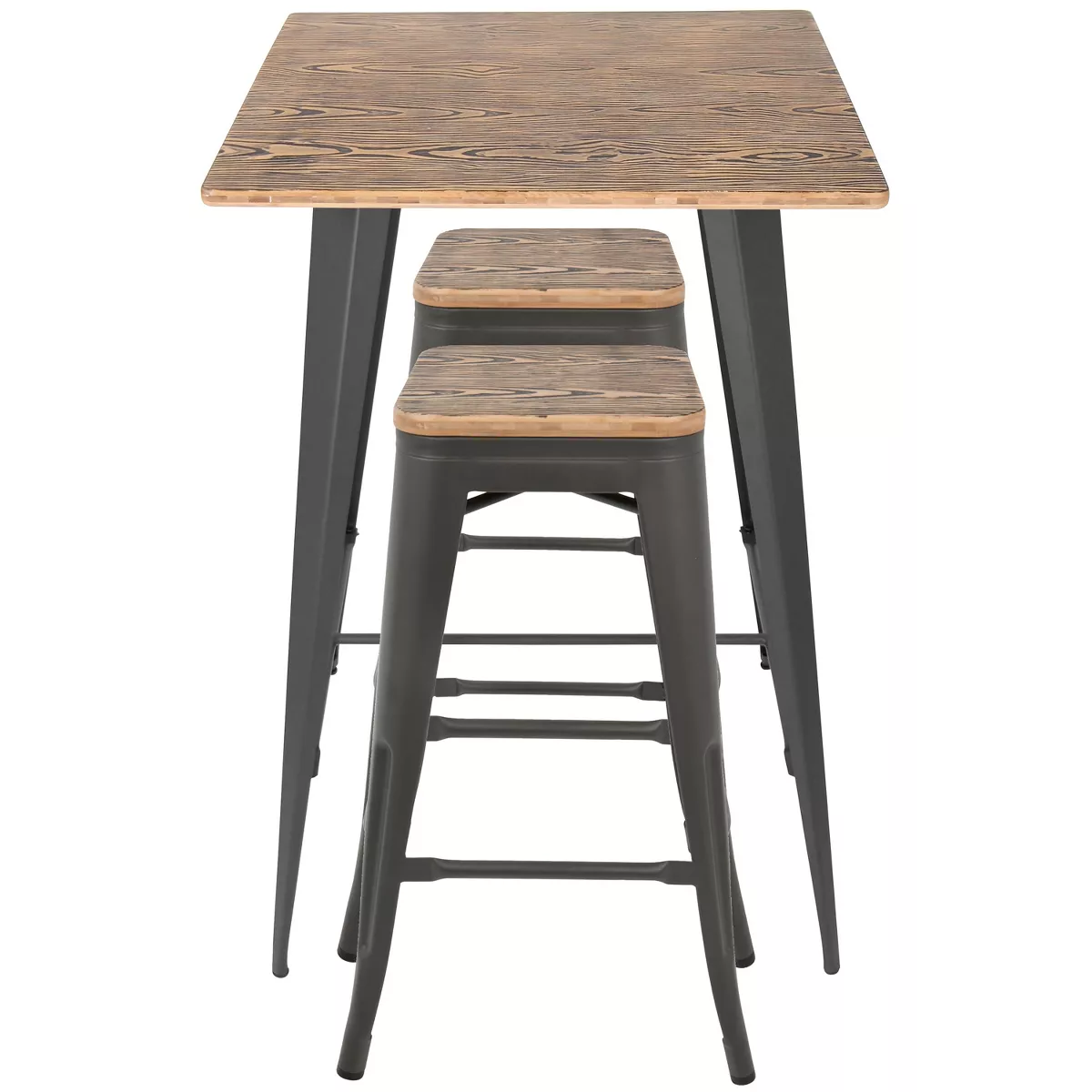 3pc Oregon Industrial Pub Set Matte Gray Metal Dining Sets Medium Brown Wood Top - LumiSource