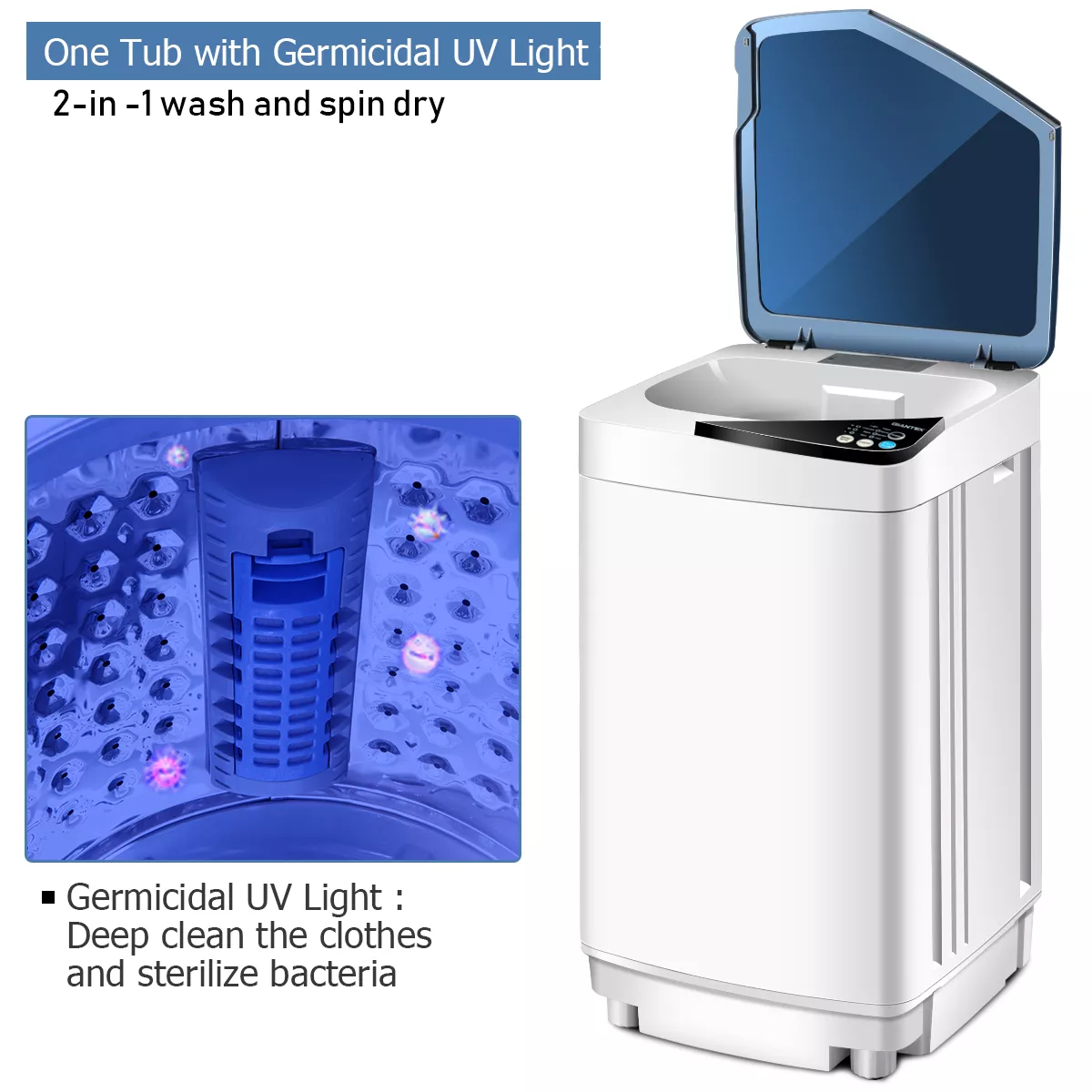 Full-Automatic Washing Machine 7.7 lbs Washer/Spinner Germicidal UV Light Blue