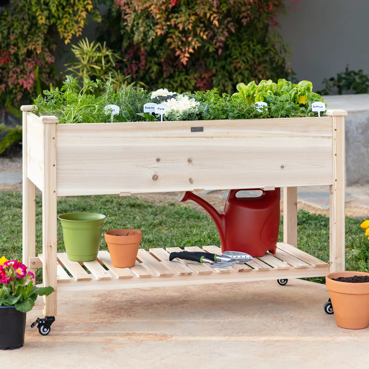 Best Choice Products Raised Garden Bed 48x24x32in Mobile Elevated Wood Planter w/ Lockable Wheels, Storage Shelf, Liner