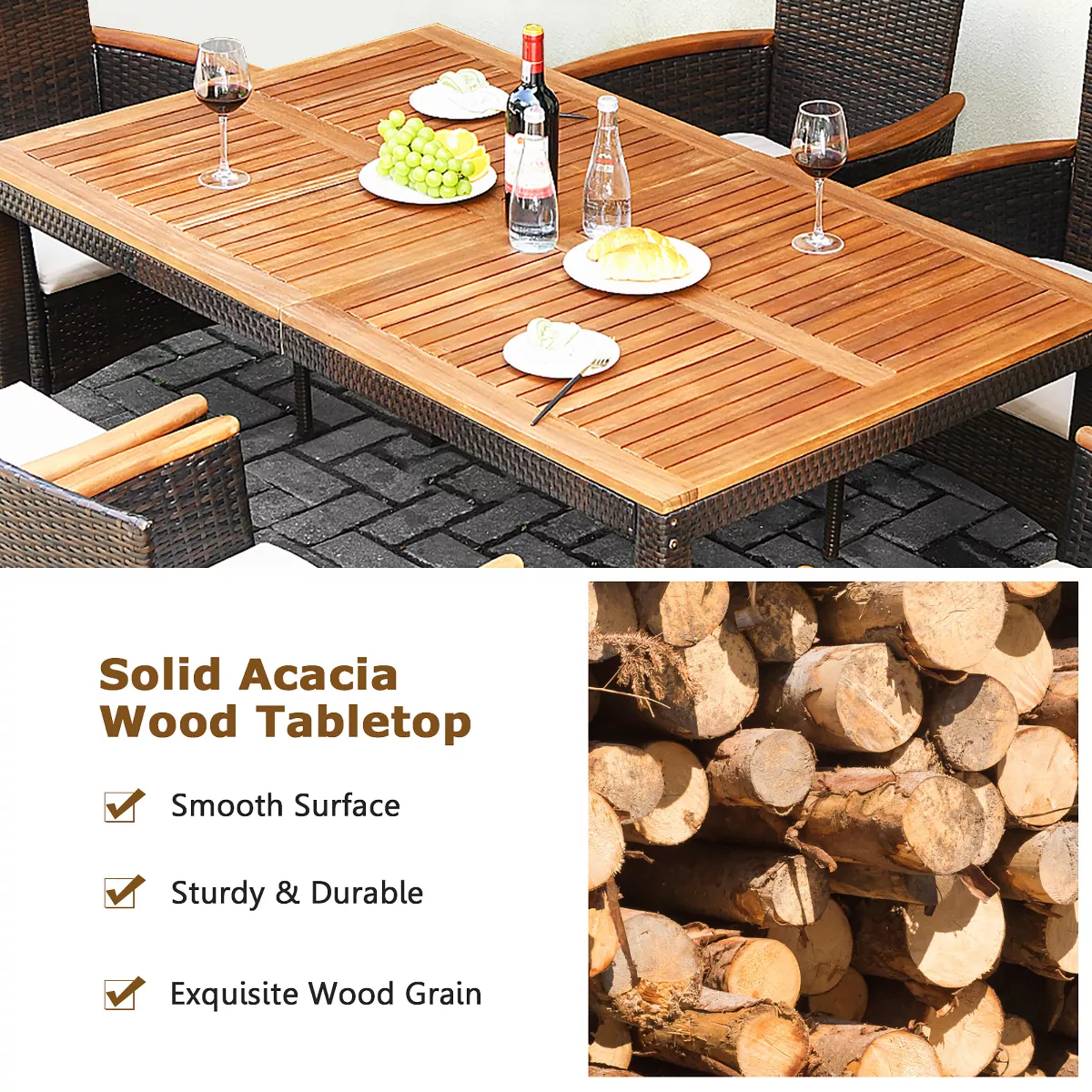 Costway 7PCS Patio Rattan Dining Set Armrest Cushioned Chair Wooden Tabletop