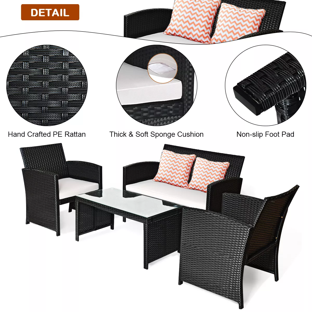 Costway 4PCS Patio Rattan Furniture Set Table &Sofa W/Cushion Garden Black
