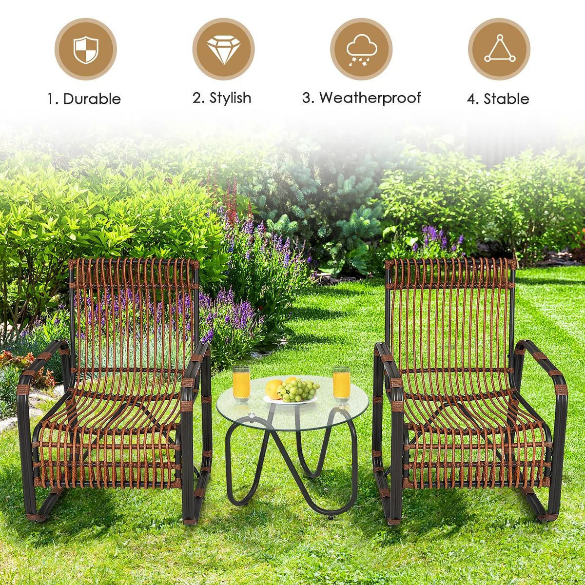 Costway 3PCS Patio Rattan Furniture Set Conversational Sofa Coffee Table Garden