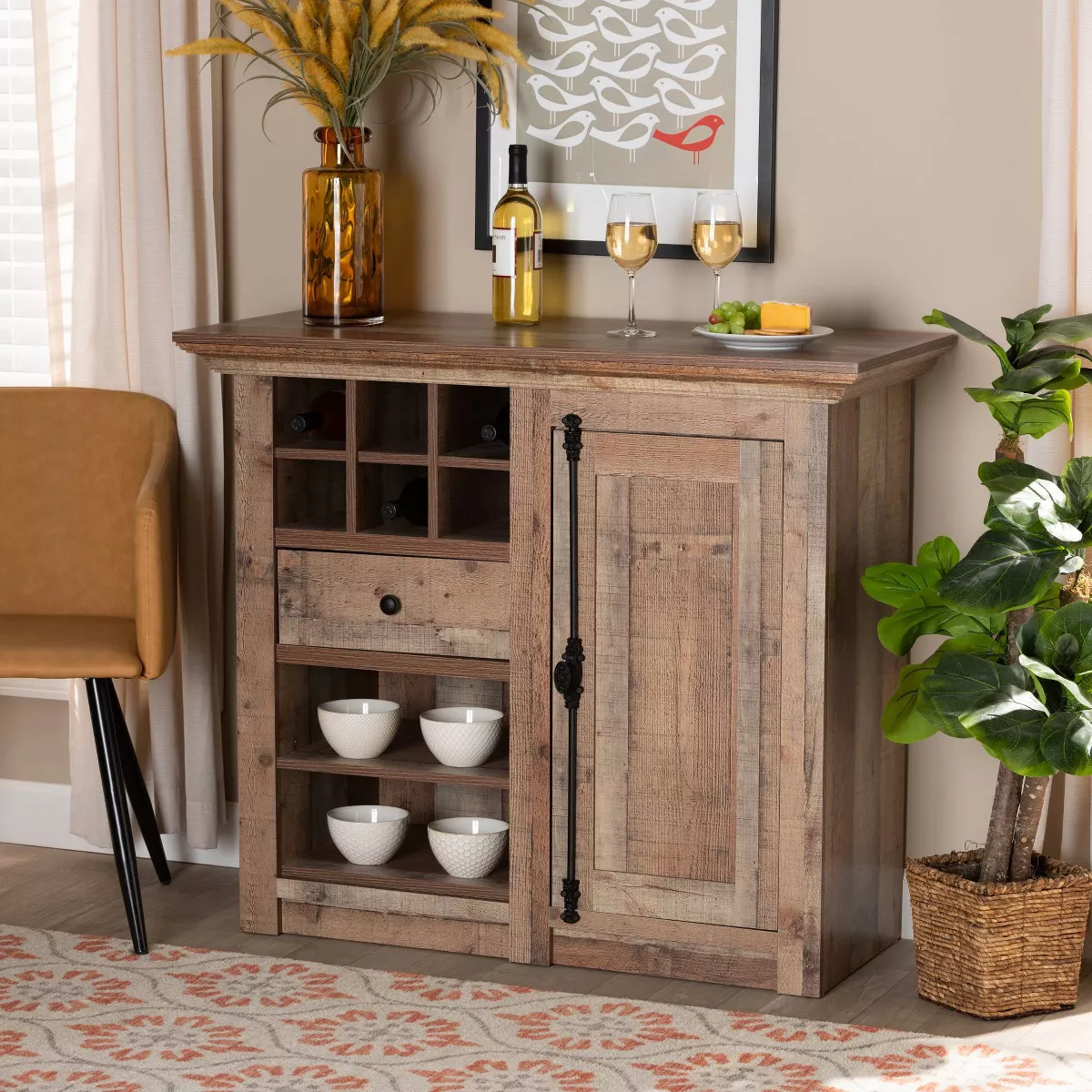 1 Door Albert Farmhouse Rustic Wood Dining Room Sideboard Buffet Oak Brown - Baxton Studio