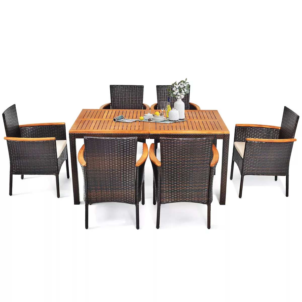Costway 7PCS Patio Rattan Dining Set Armrest Cushioned Chair Wooden Tabletop