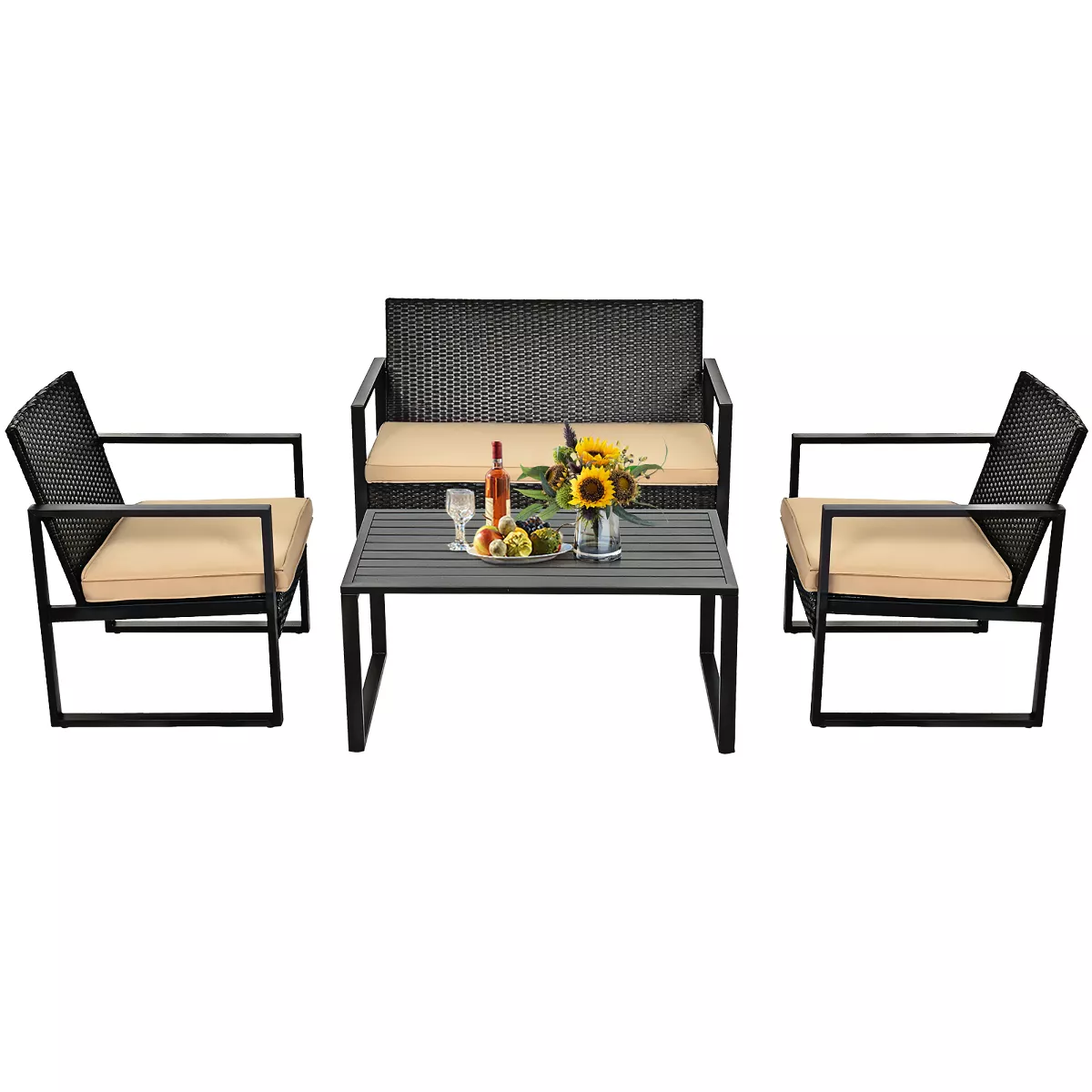 Costway 4PCS Patio Rattan Furniture Set Cushioned Sofa Coffee Table Garden Deck Brown