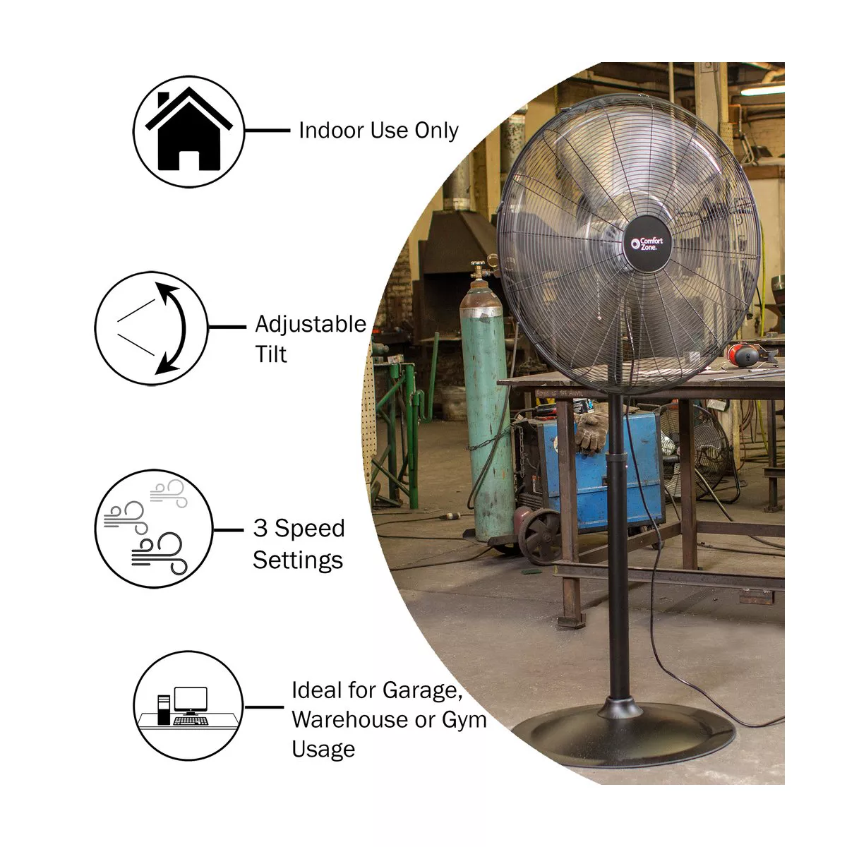 Comfort Zone CZHVP30 30 Inch High-Velocity 3 Speed Adjustable Tilt Indoor Industrial Oscillating Freestanding Pedestal Fan, Black