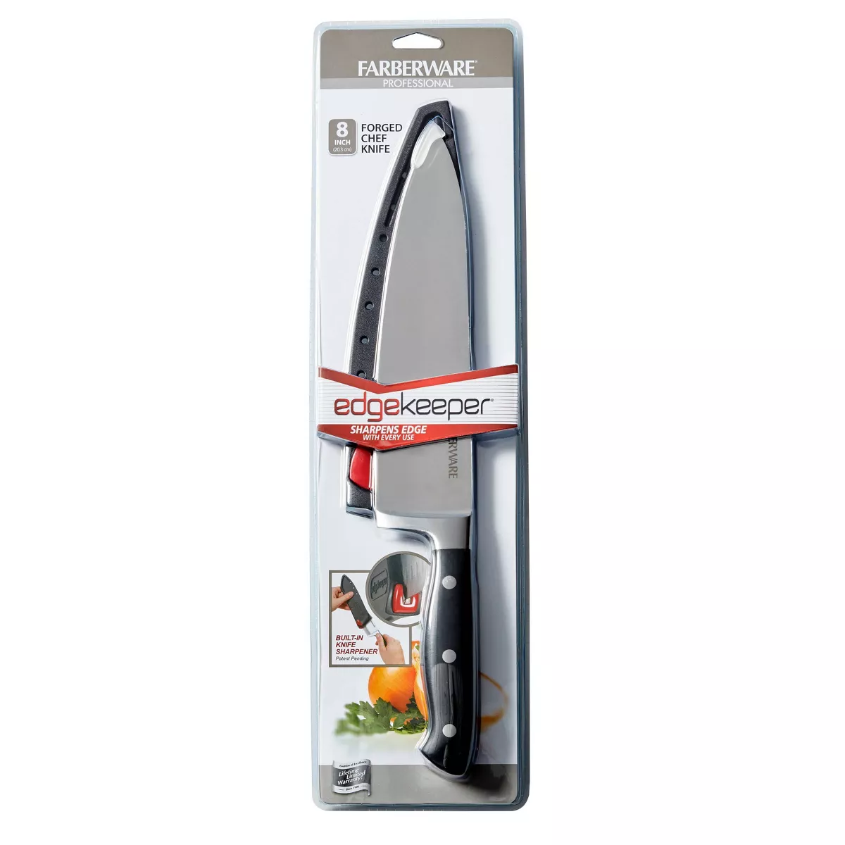 Farberware Edgekeeper 8 Inch Forged Triple Riveted Chef Knife with Self Sharpening Blade Cover