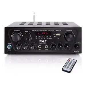Pyle PTA24BT 250 Watt 2 Channel Compact Wireless Bluetooth Home Audio Amplifier Stereo Receiver Sound System with Microphone Inputs and Remote