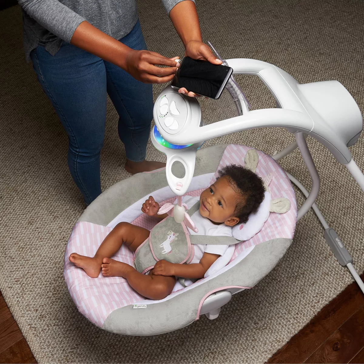 Ingenuity Inlighten Cradling Swing - Flora the Unicorn - Foldable Plug-in Swing