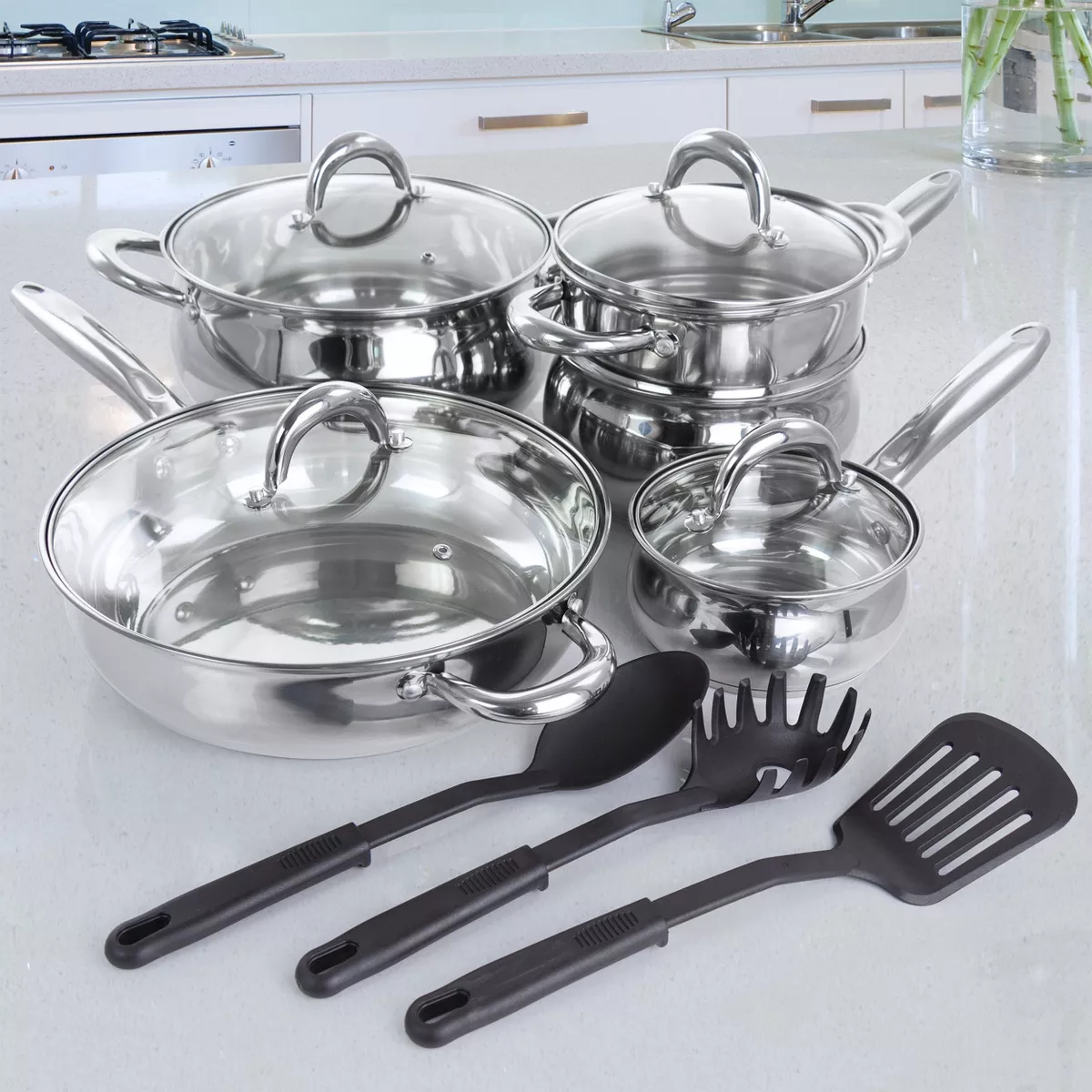 Gibson Home Ancona 12 Piece Stainless Steel Belly Shaped Cookware Set with Kitchen Tools