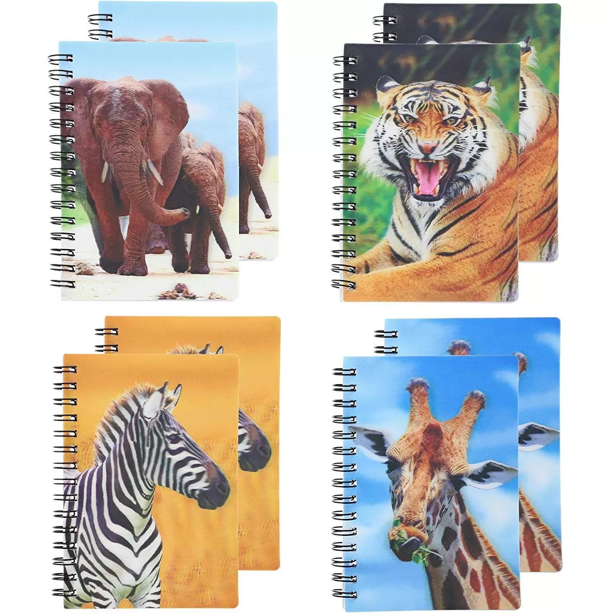 Juvale 8-Pack Tiger Lion Elephant Giraffe 3D Effect Spiral Lined Notebooks Journal (3.7x5.3 in, 70 Page)