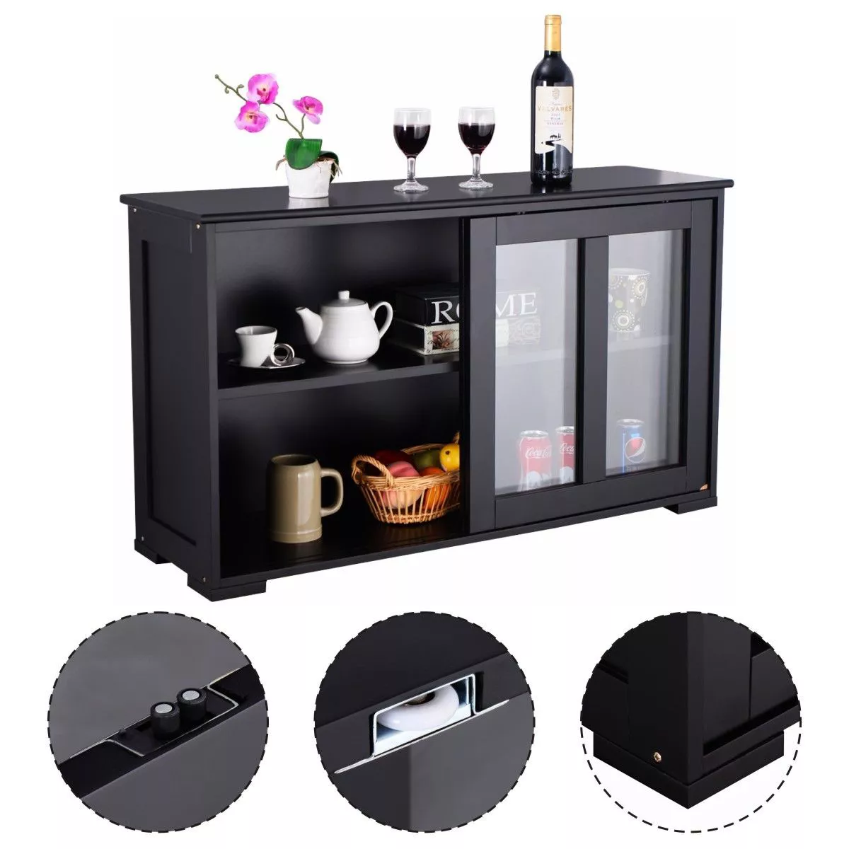Costway Storage Cabinet Sideboard Buffet Cupboard Glass Sliding Door Pantry Kitchen