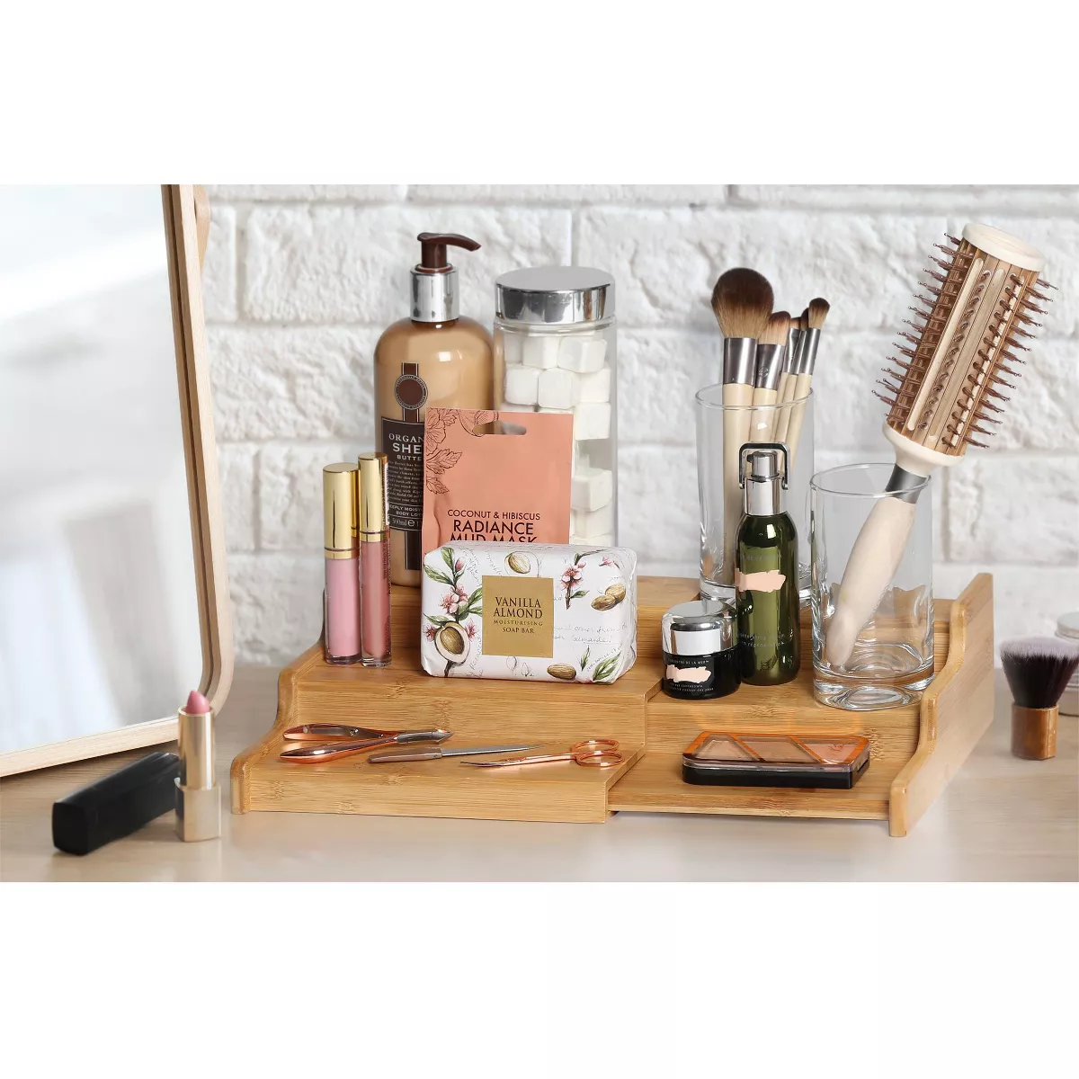 Seville Classics 3-Tier Expandable Bamboo Spice Rack Step Shelf Cabinet Organizer