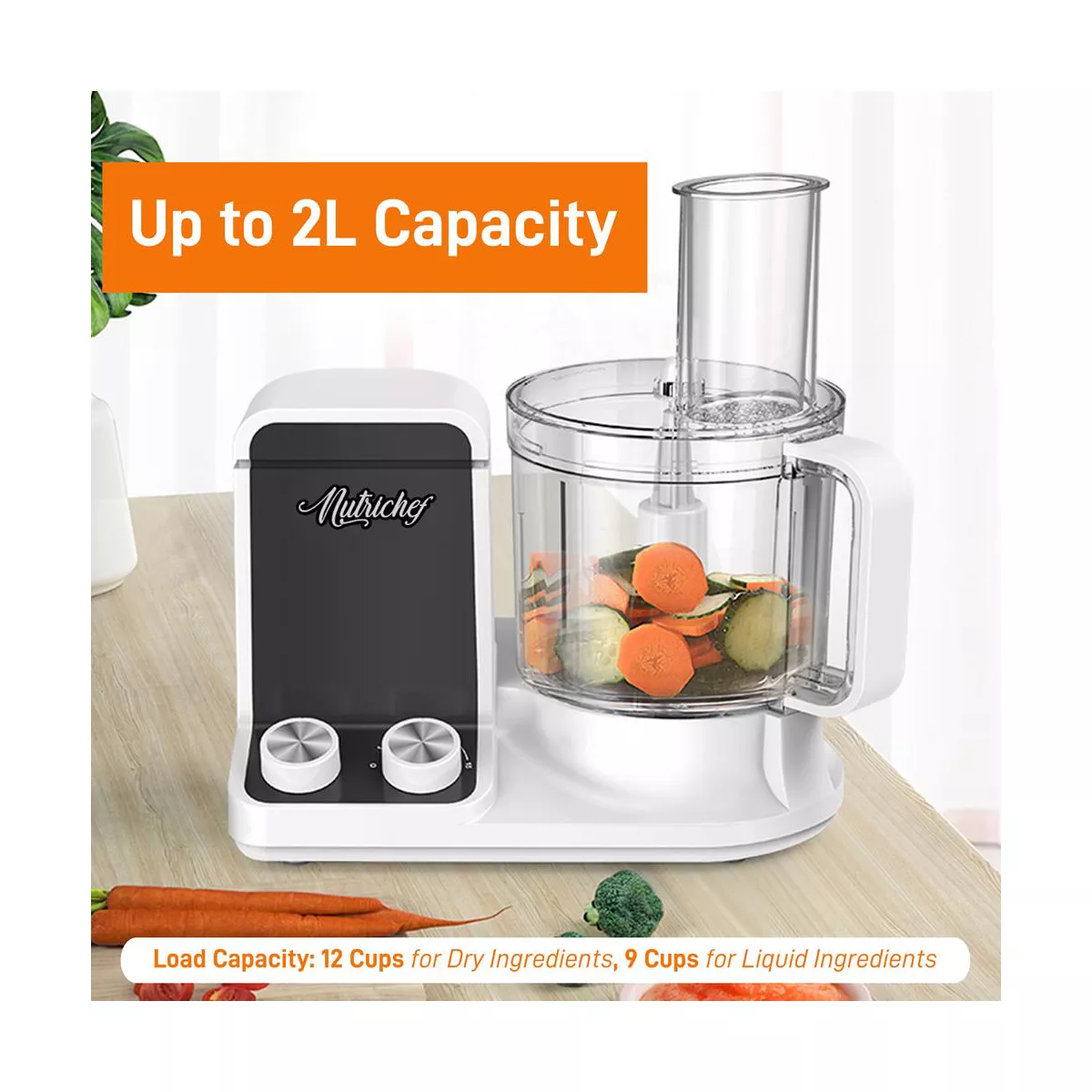 NutriChef NCFP8 Multipurpose 12 Cup Multi Function Kitchen Countertop Food Processor with 6 Attachment Accessory Blades, White