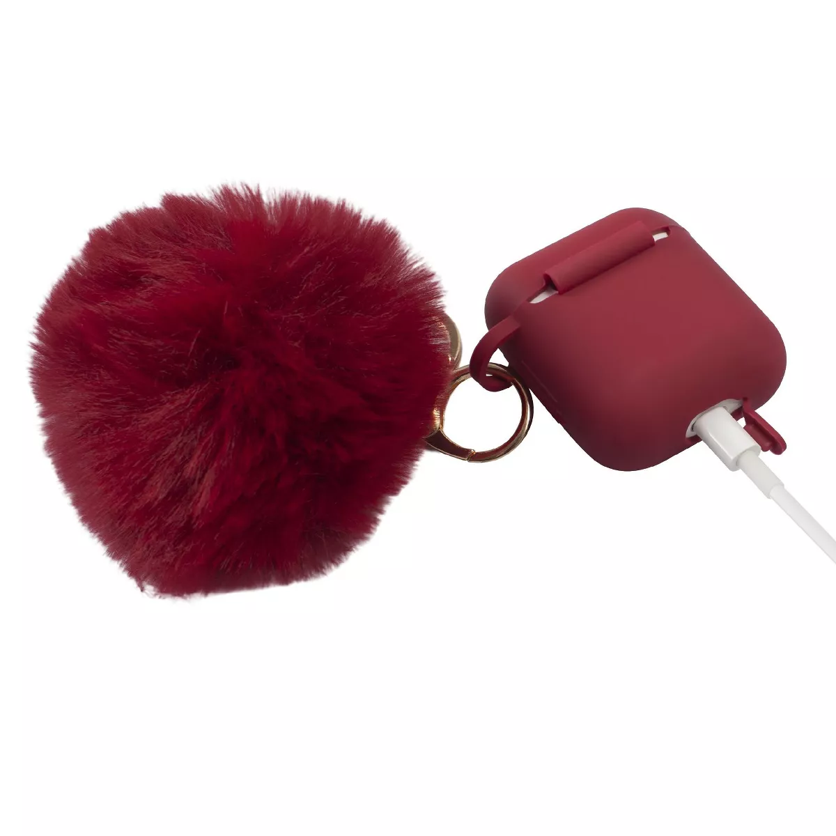 Insten Fluffy Pom Pom Case For Airpods 1 / 2, Silicone Case with Keychain & Anti-Lost Strap, Soft Touch Skin, Protective Cover, Wine Red