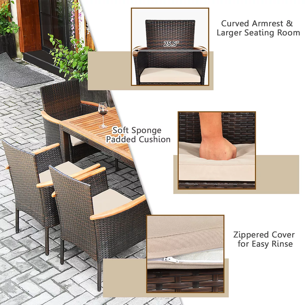 Costway 7PCS Patio Rattan Dining Set Armrest Cushioned Chair Wooden Tabletop