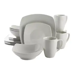 Gibson Zen Buffet 16 Piece Porcelain Square Plates, Bowls, and Mugs Dinnerware Set, Microwave and Dishwasher Safe, White (2 Pack)