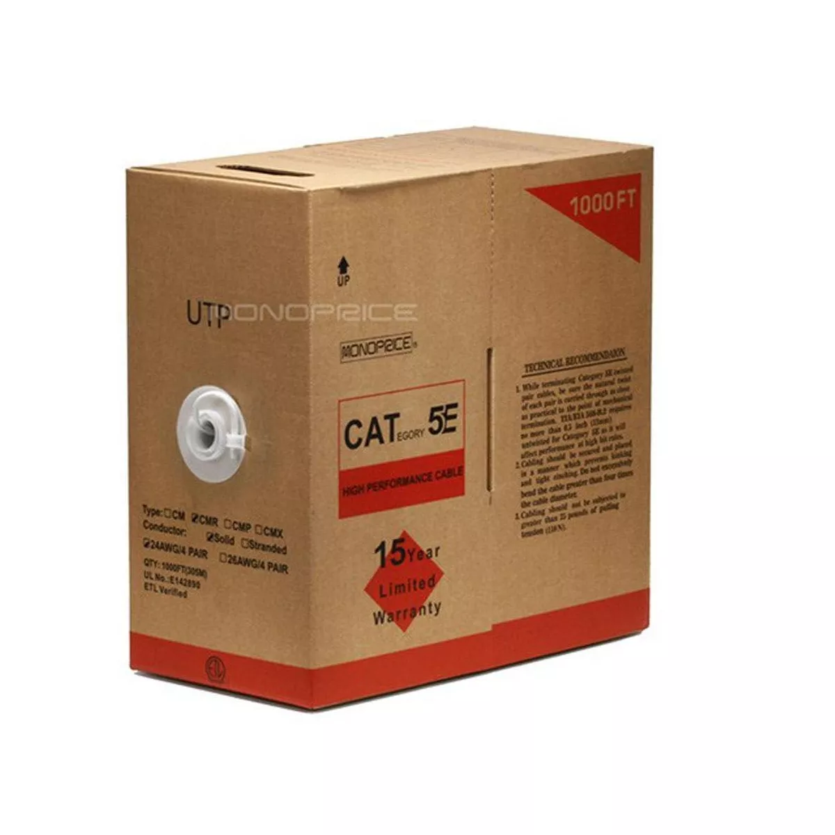 Monoprice Cat5e Ethernet Bulk Cable - Network Internet Cord - Solid, 350Mhz, UTP, CMR, Riser Rated, Pure Bare Copper Wire, 24AWG, 1000ft, White