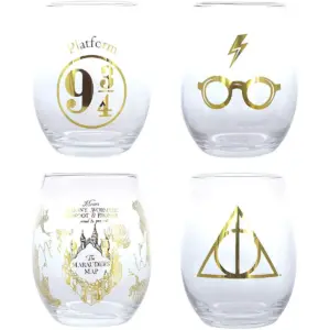 Seven20 Harry Potter 17oz Stemless Wine Glasses | Set of 4 | Gold Symbols & Designs